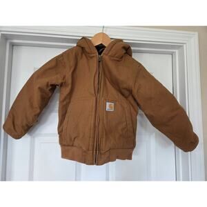 Carhartt Kids Hooded Canvas Jacket Boys Size XS(6) Brown Duck Quilted Lined Coat